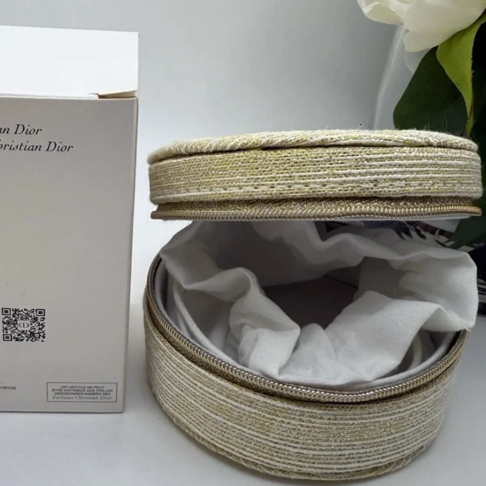 CHRISTIAN DIOR Gold Trousse Pouch Cosmetic Bag Jewelry Round Box New